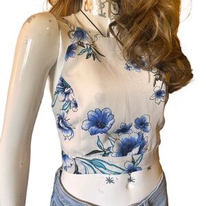 Floral Blue Halter Crop Top with bow